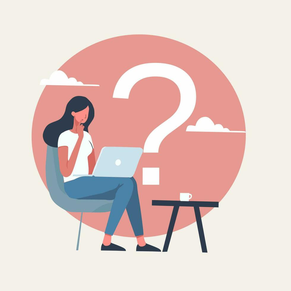 Illustration Woman with laptop and question mark. These illustrations can be used for various purposes, such as graphic design, animation, and learning media. Flat design style vector