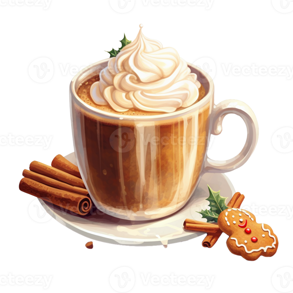 Cup of coffee with whipped cream, gingerbread man and cinnamon sticks on transparent background. AI Generative png
