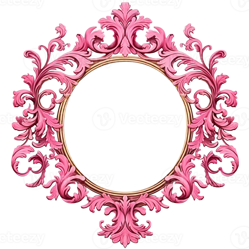 Pink and gold ornate antique frame isolated on transparent background. AI Generative png