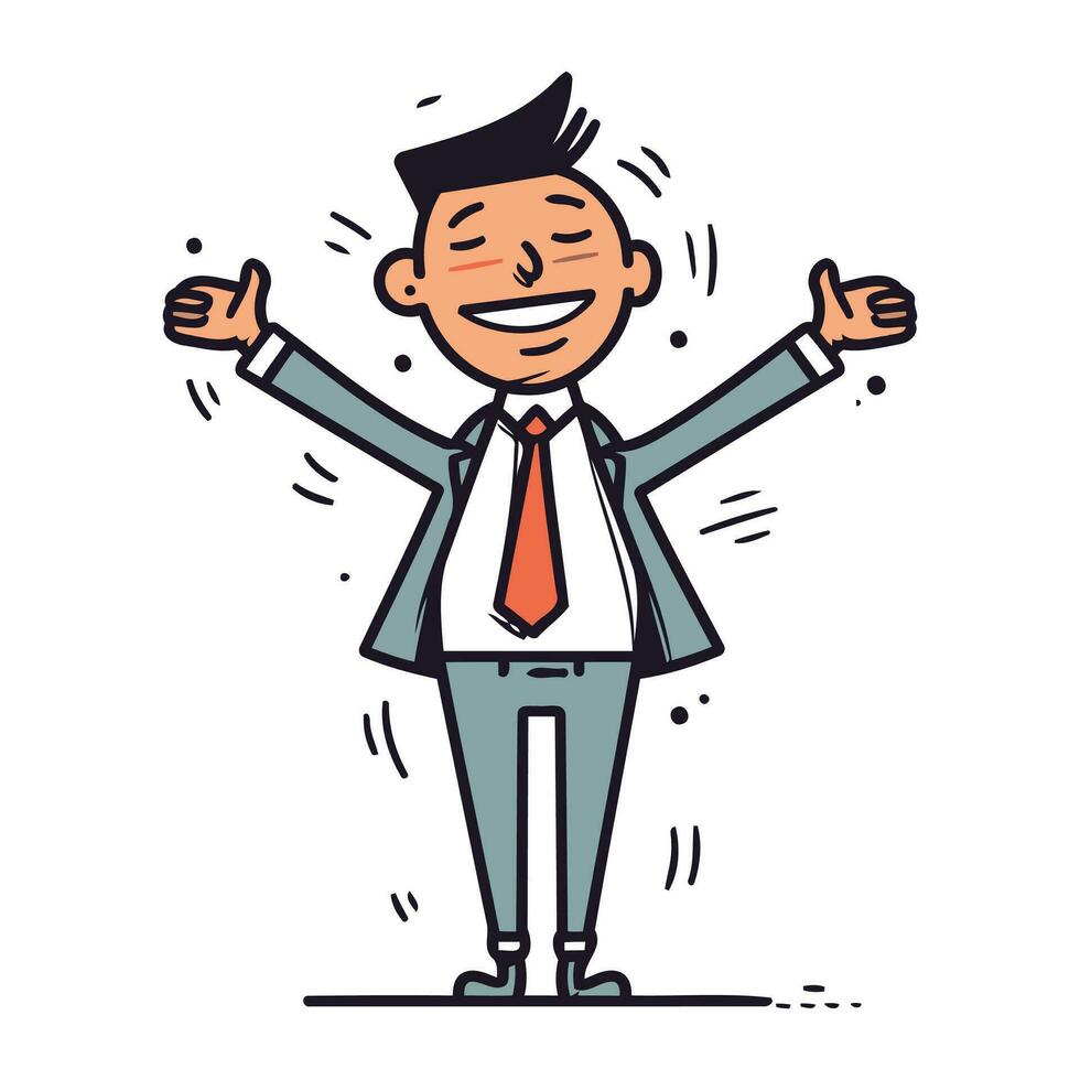 Happy businessman with hands up. Vector illustration in doodle style.