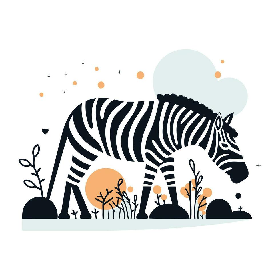 Zebra in the forest. Vector illustration in a flat style.