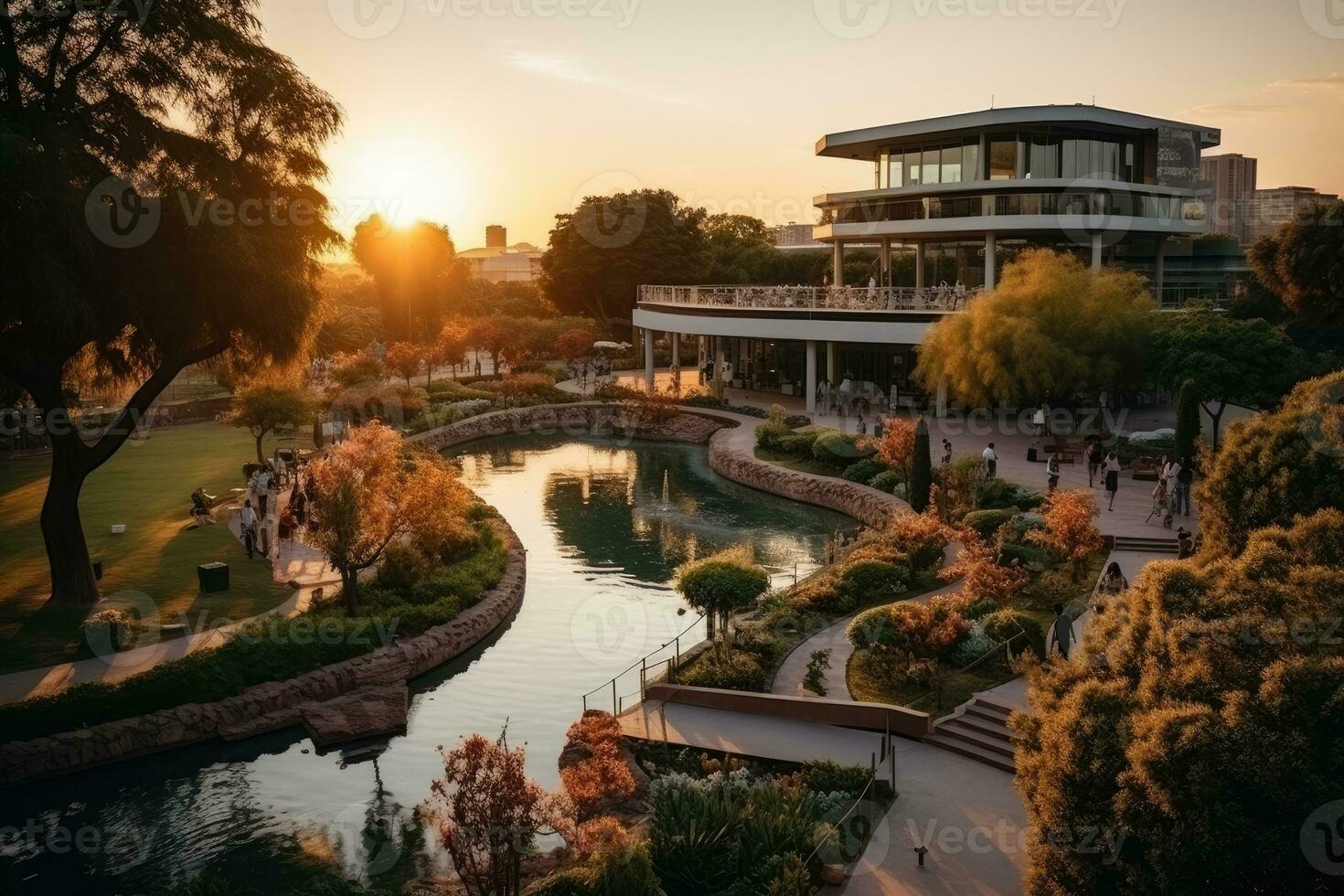 a park in a bustling city with wide open space flower fields AI Generated photo