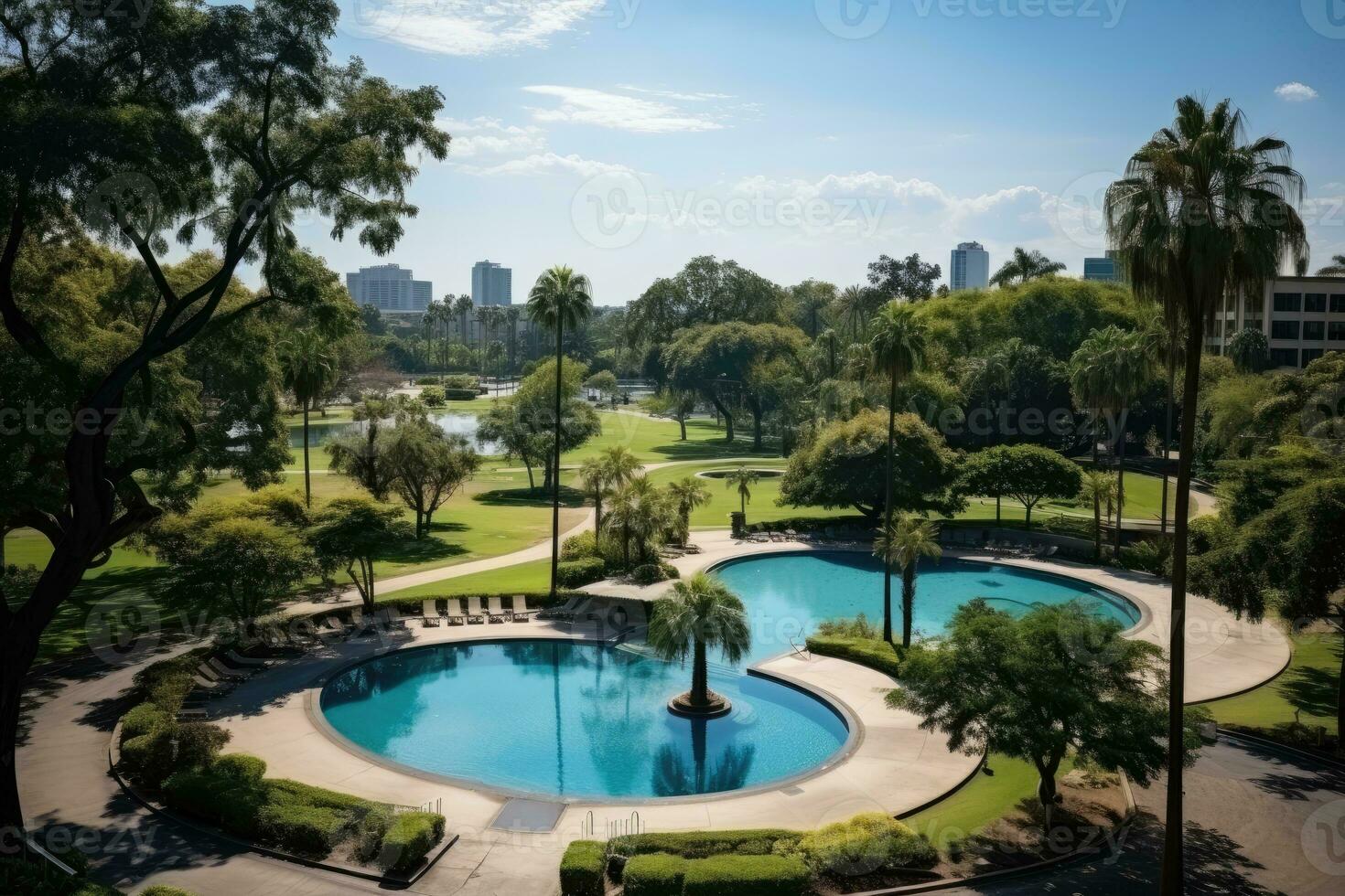 a park in a bustling city with wide open space flower fields AI Generated photo