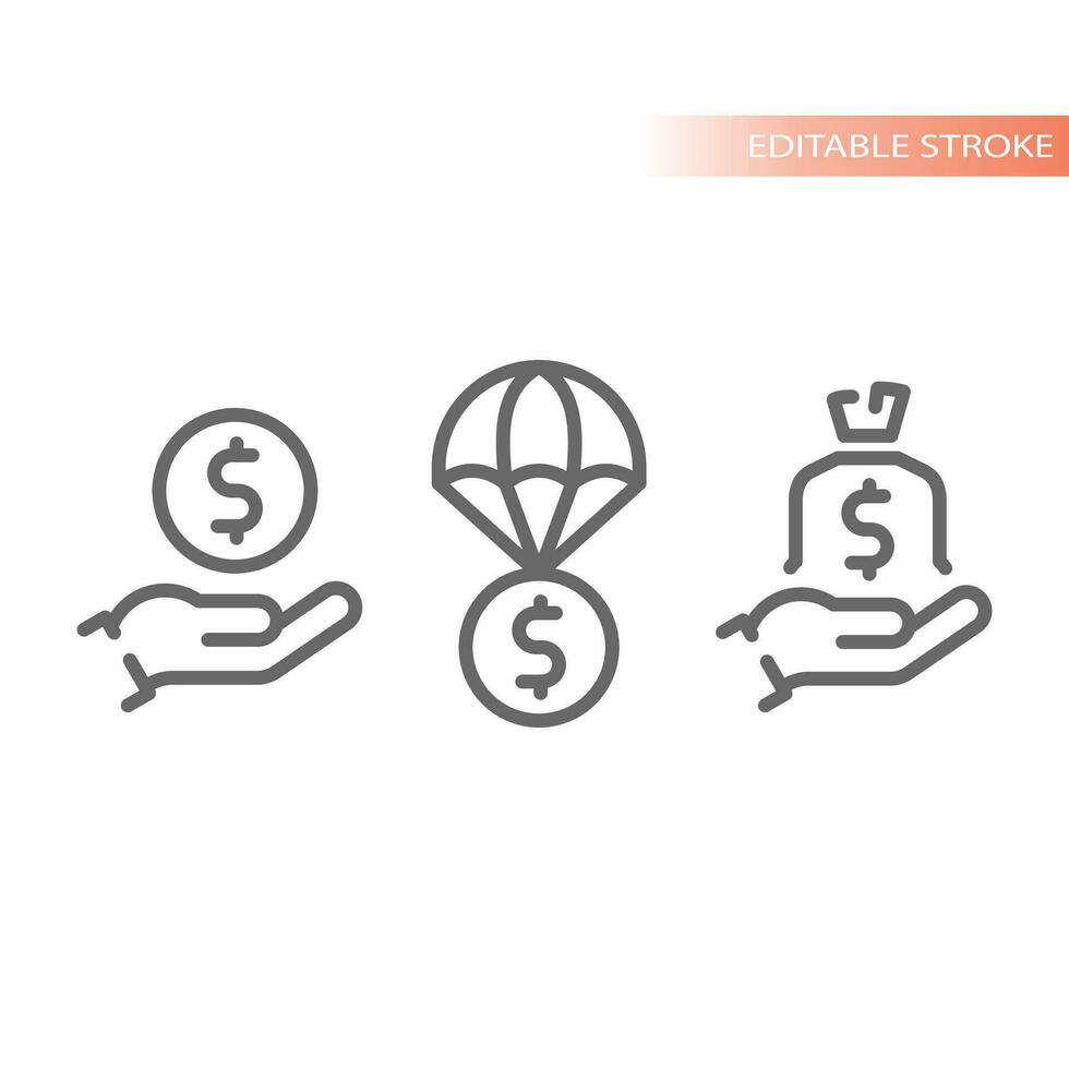 Financial aid and help vector icon set. Parachute money delivery, giving ang donation or sponsorship line icons.