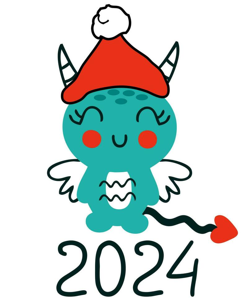 New Year 2024 card template with happy dragon cartoon character. Perfect for tee, poster, sticker. Doodle vector illustration.