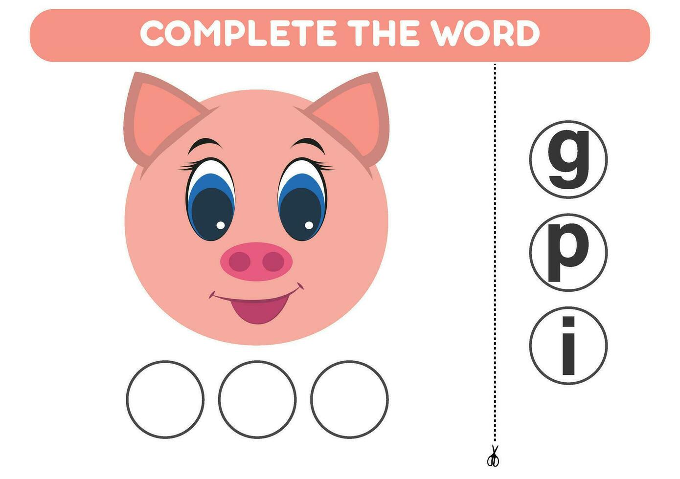 Educational game for kids  Complete the word pig. Printable worksheets vector