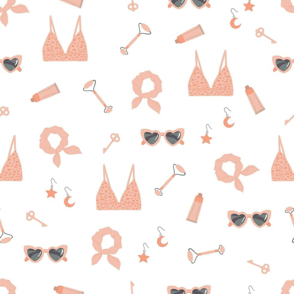 Seamless pattern with girly stuff. Cosmetics, glasses, earrings, bra, roller face. Feminism concept, woman elements for print, fabric, textile. Hand drawn vector design