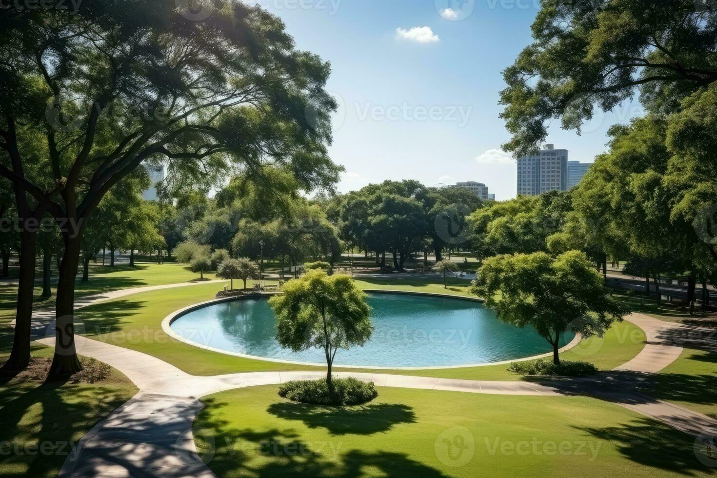 a park in a bustling city with wide open space flower fields AI Generated photo