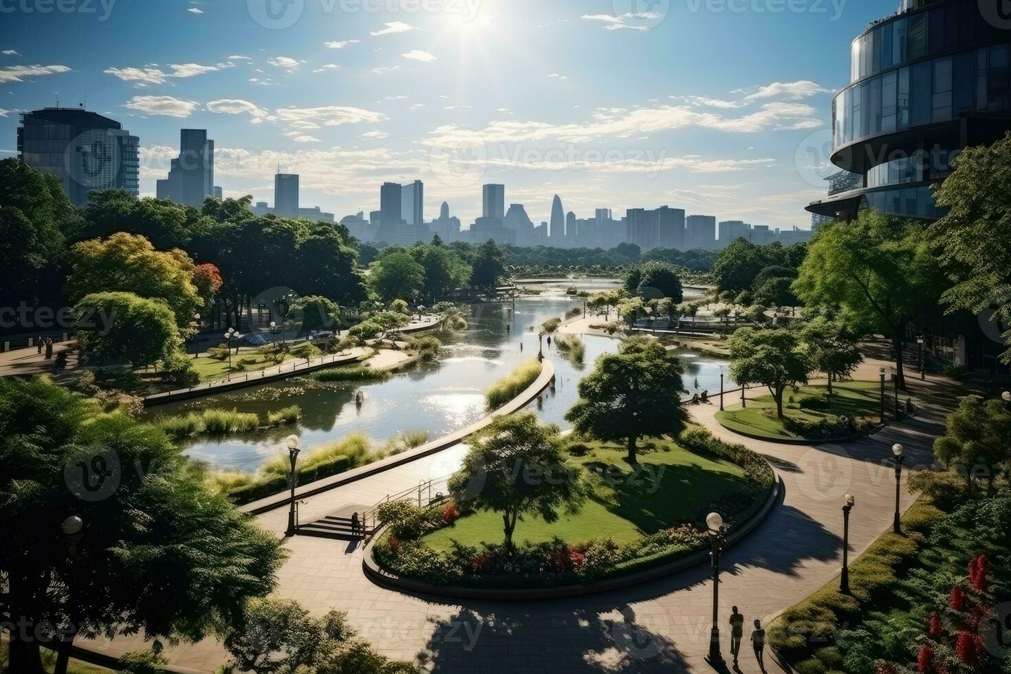 a park in a bustling city with wide open space flower fields AI Generated photo