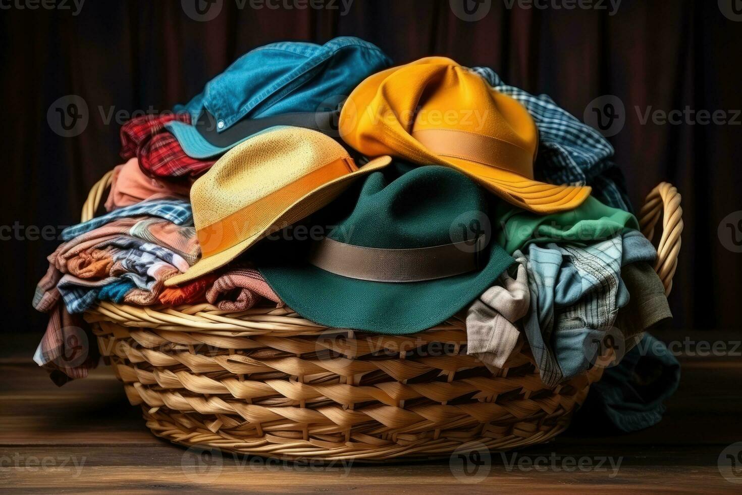 Pile of dirty clothes and Wicker basket with dirty laundry professional advertising photography AI Generative photo