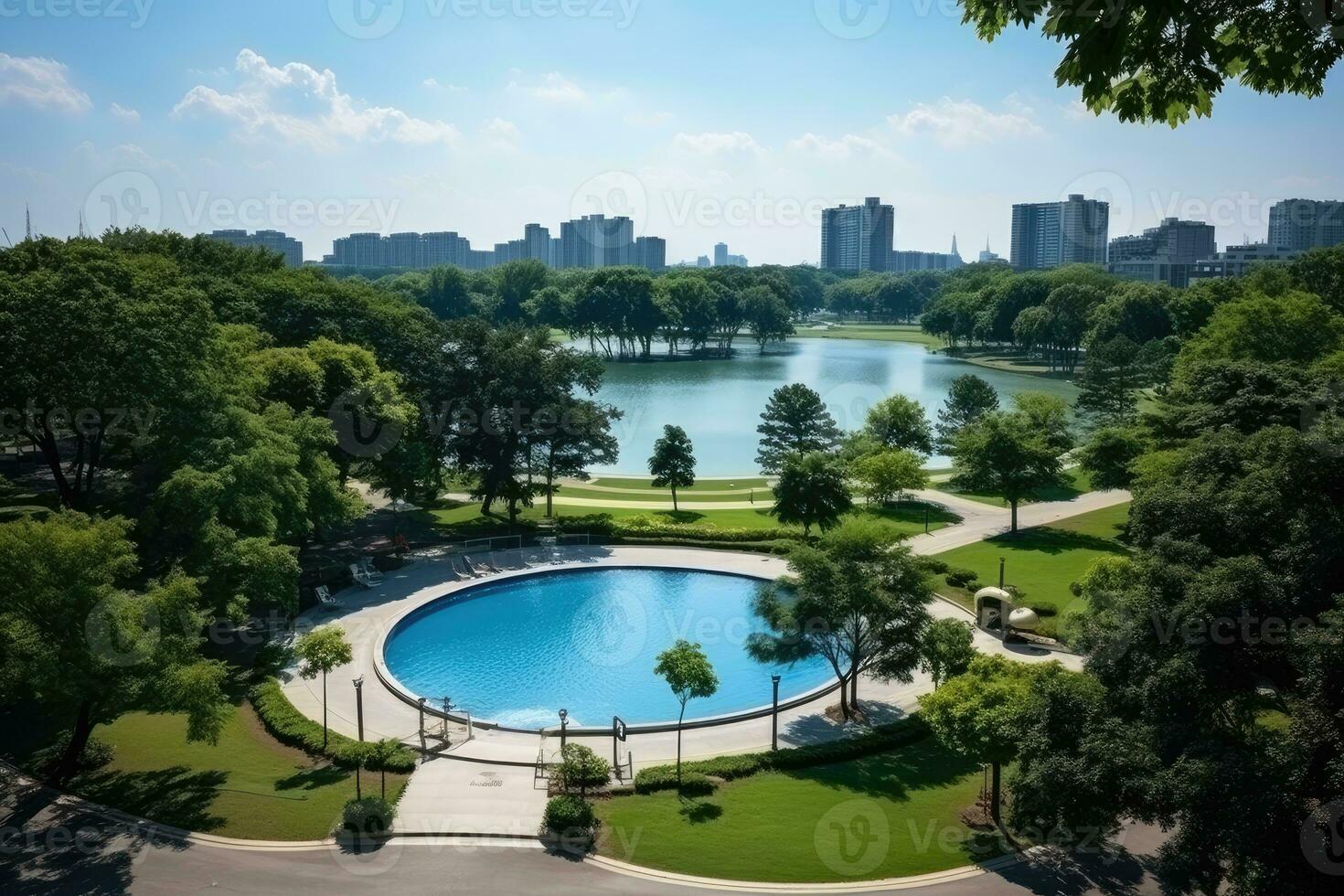a park in a bustling city with wide open space flower fields AI Generated photo