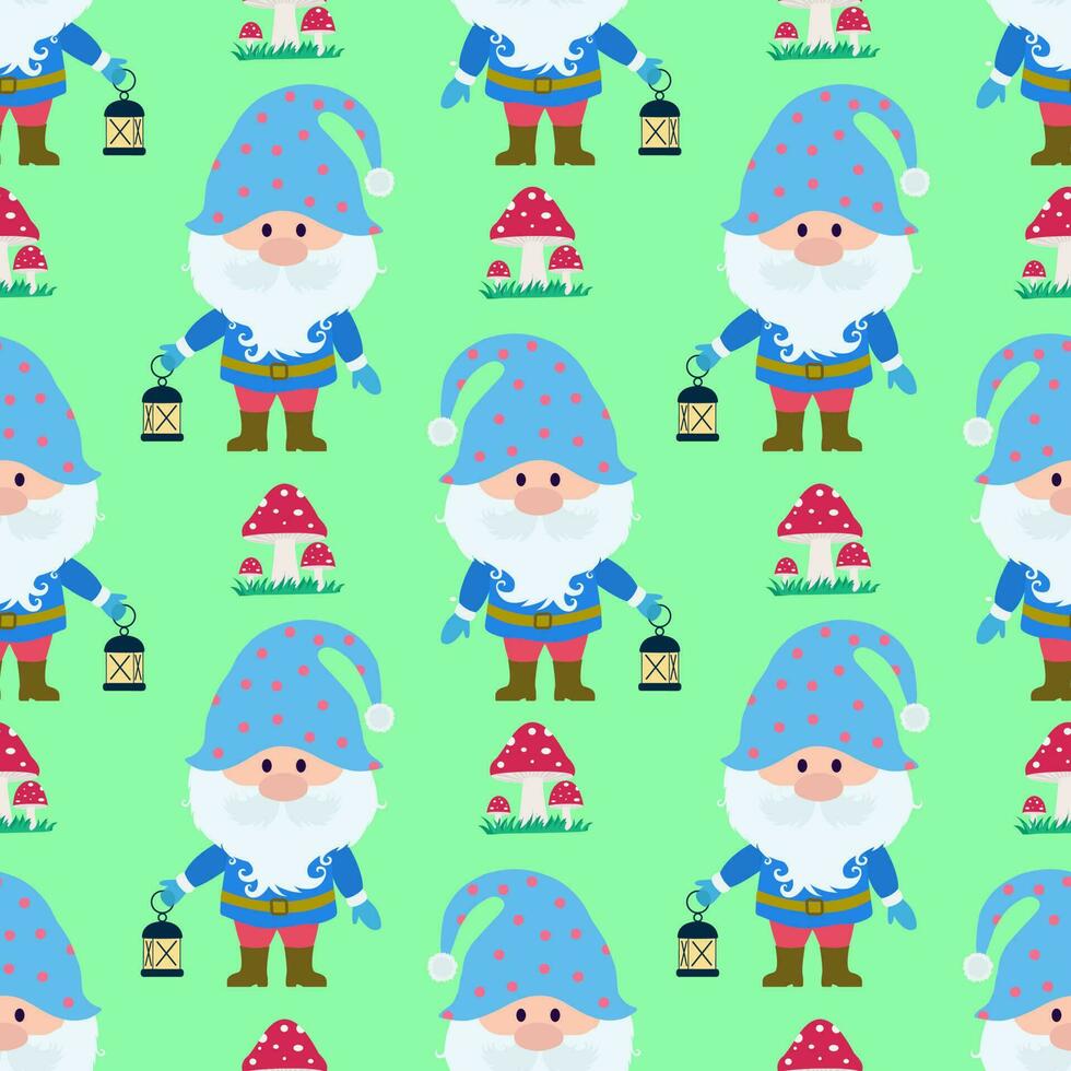 Vector seamless pattern with the image of a dwarf with a lantern on a green background. Seamless vector printing on children is fabrics, wallpaper, textiles, packaging, design.