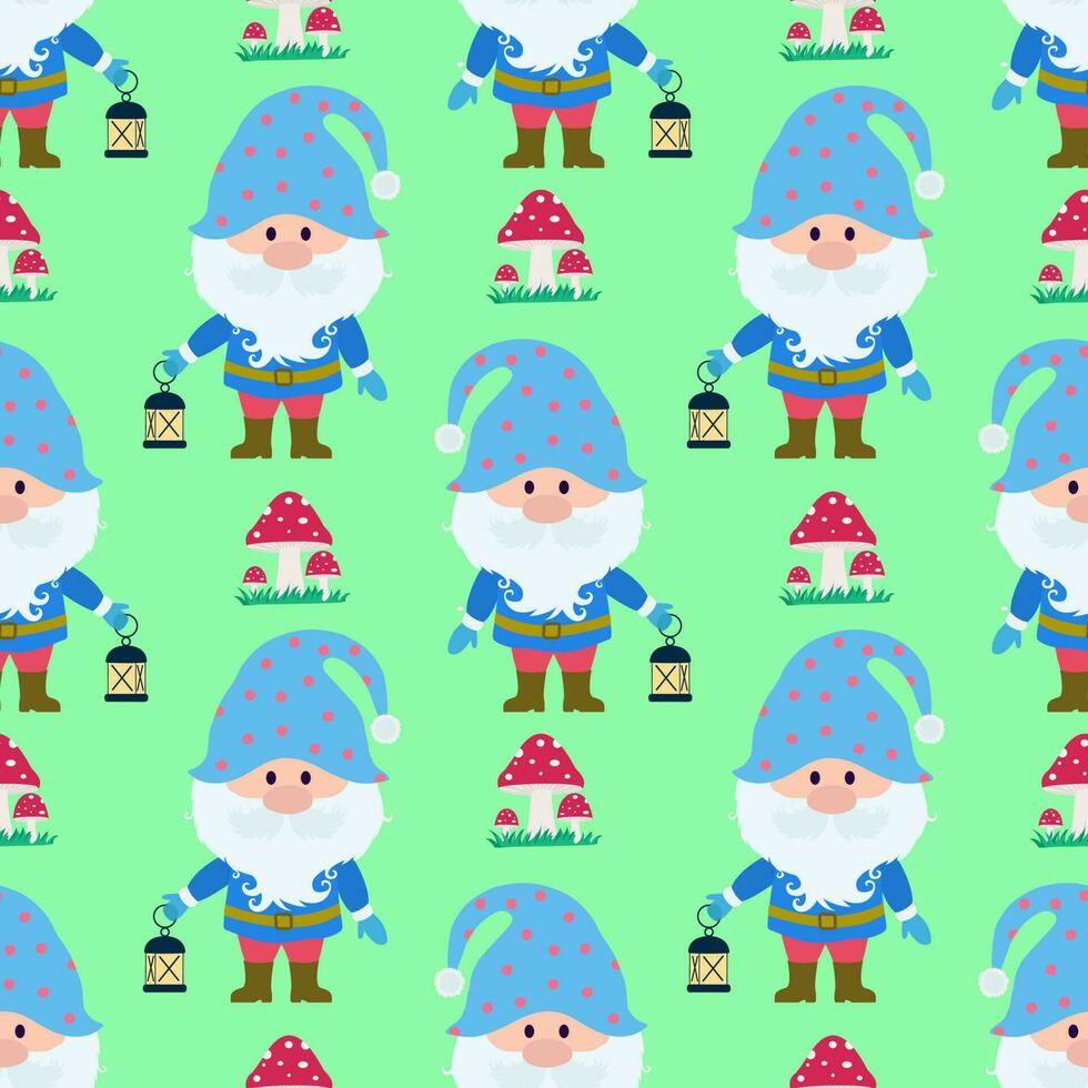 Vector seamless pattern with the image of a dwarf with a lantern on a green background. Seamless vector printing on children is fabrics, wallpaper, textiles, packaging, design.