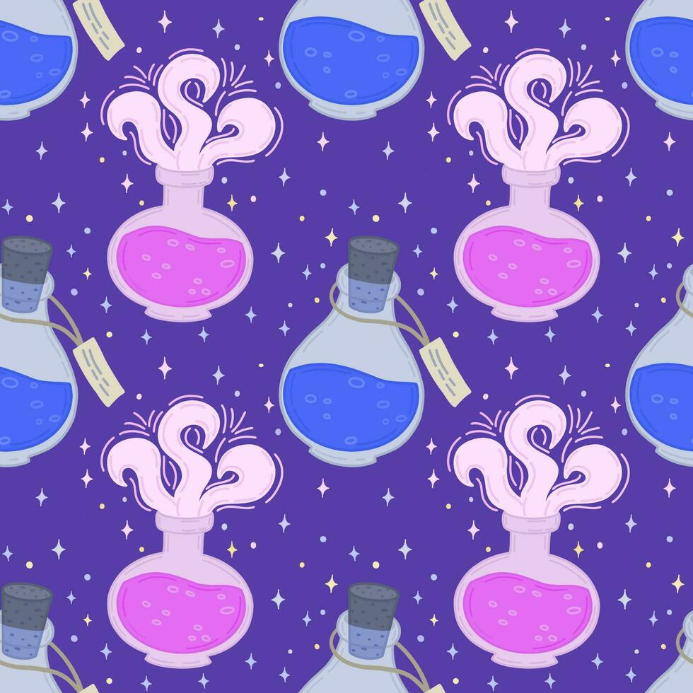 Seamless pattern with magic potion and bottled elixirs on a purple background, Halloween pattern. Vector illustration. Halloween template, banner design, wrapping paper, packaging, web.