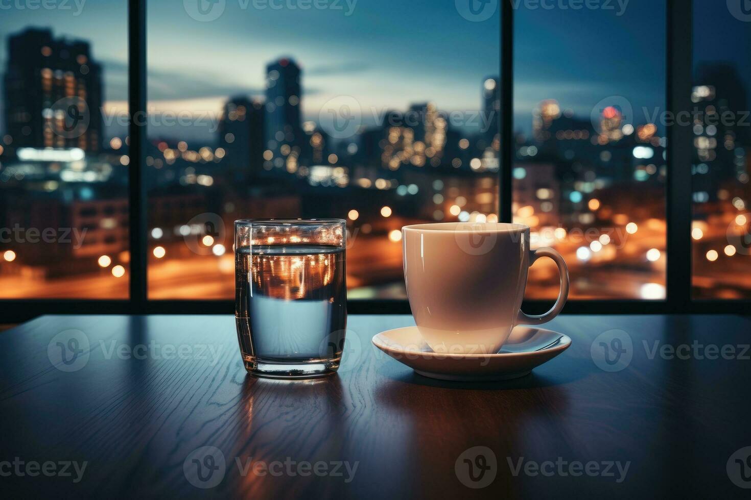 an evening in the office with an empty coffee mug on a table AI Generated photo