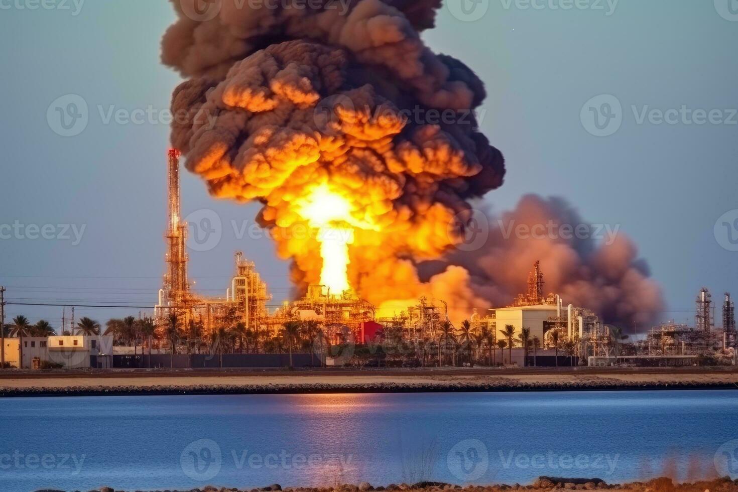 big explosion in the offshore oil refinery AI Generated photo