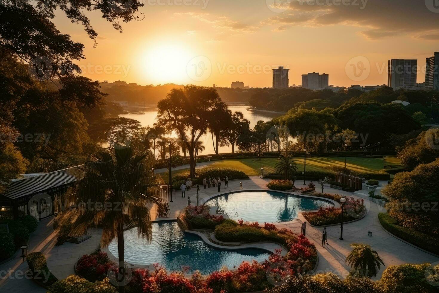 a park in a bustling city with wide open space flower fields AI Generated photo