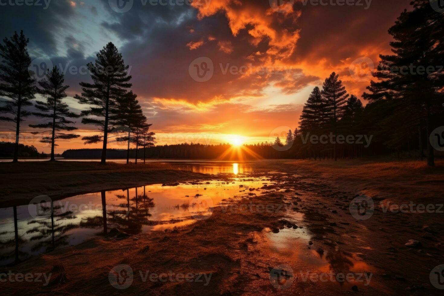 silhouettes of trees under a cloudy sky during sunset professional advertising photography AI Generative photo