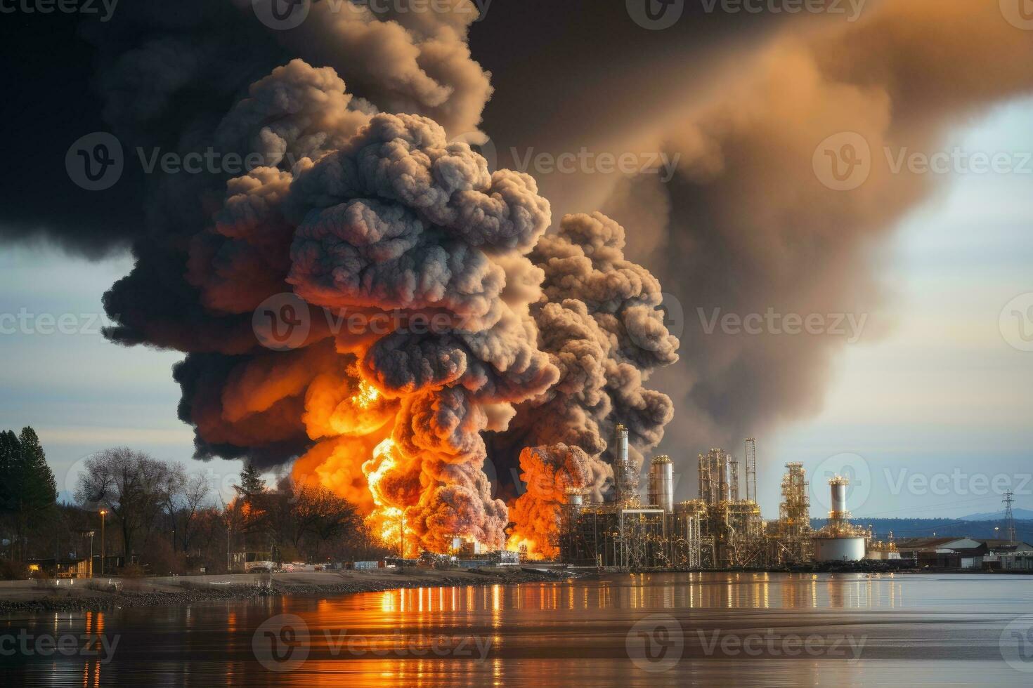 grande explosión en el costa afuera refinería ai generado foto