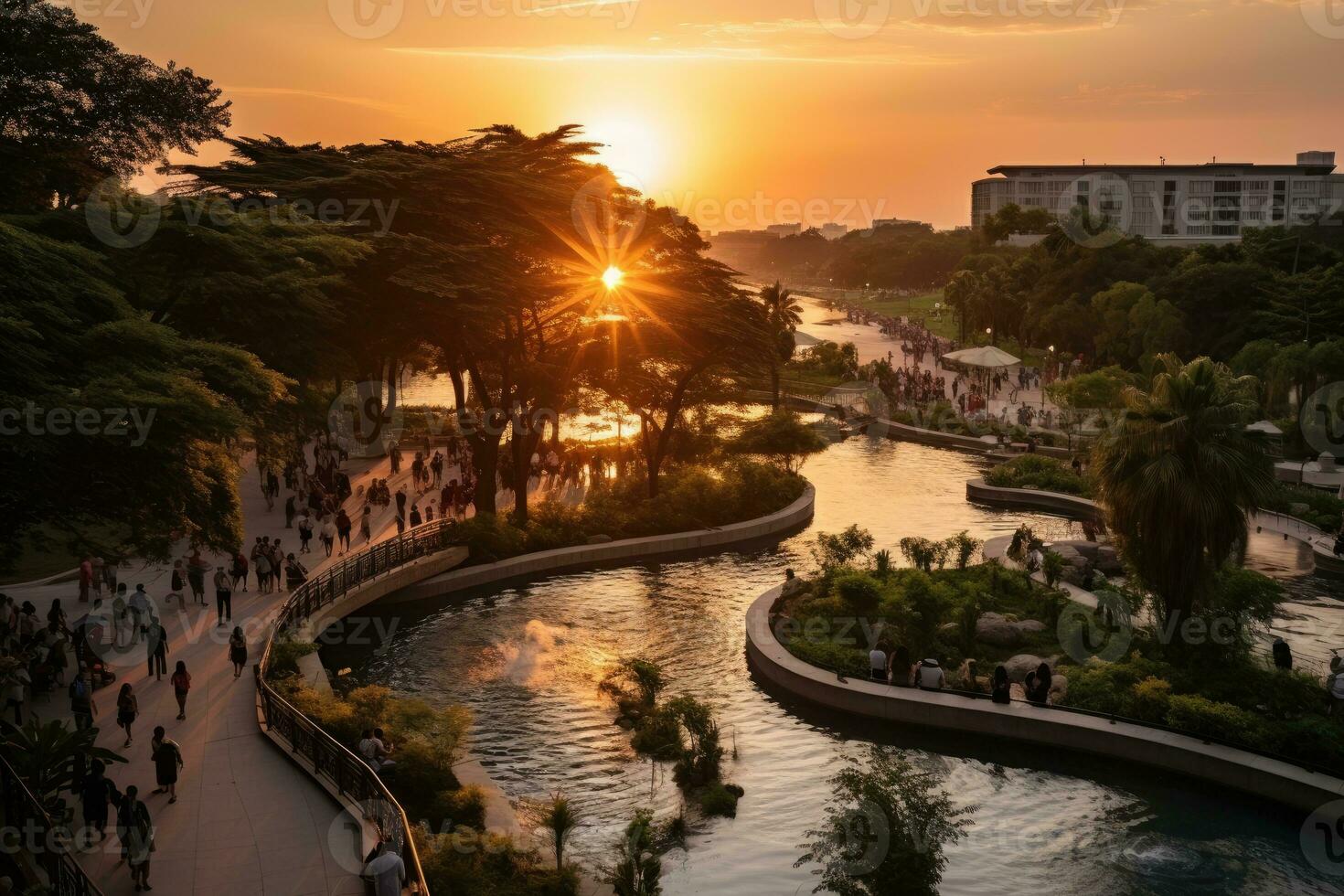 a park in a bustling city with wide open space flower fields AI Generated photo