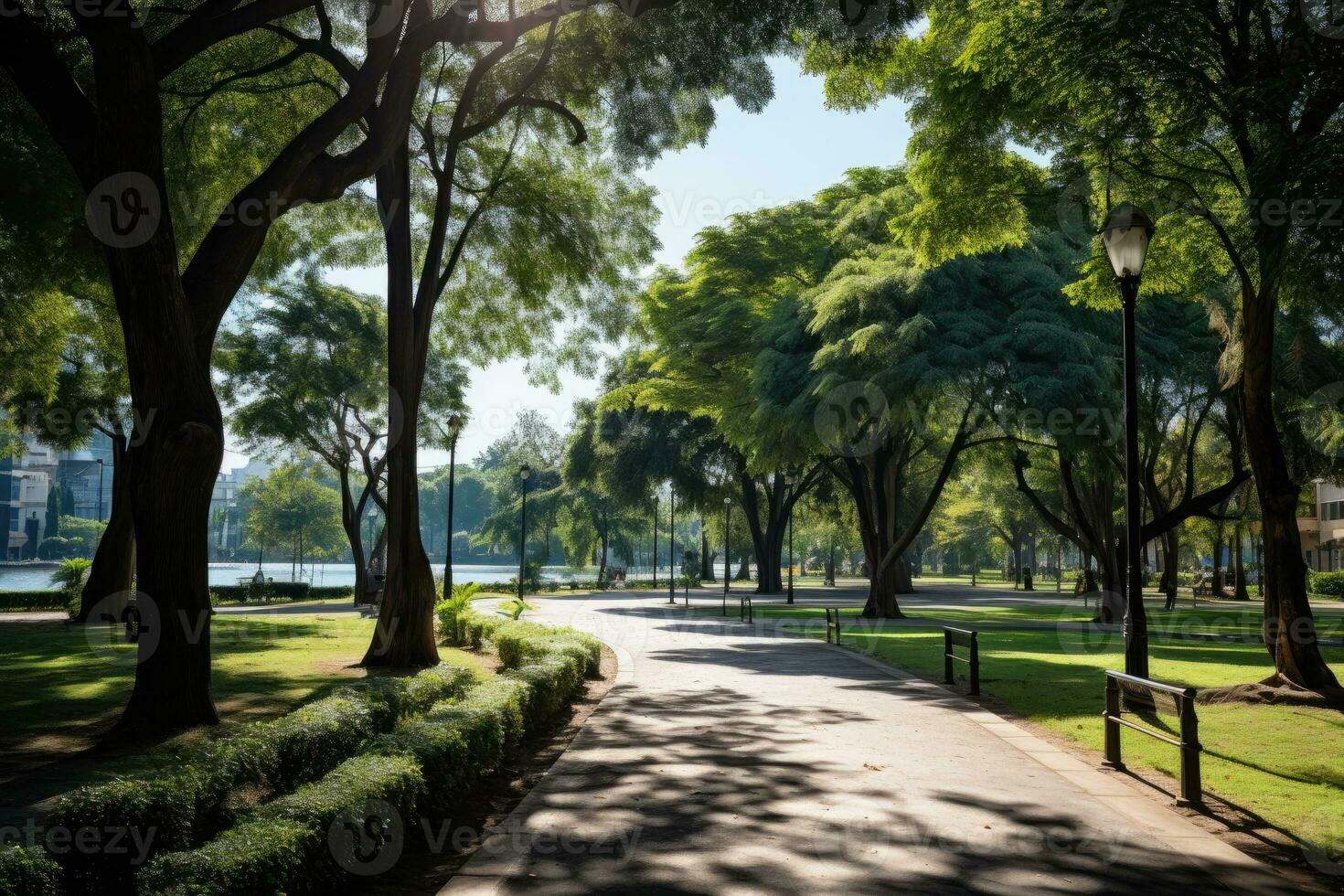 a park in a bustling city with wide open space flower fields AI Generated photo