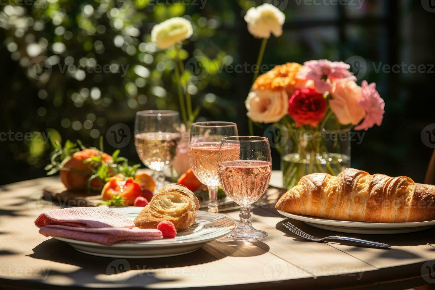 table set for a summer brunch in the garden AI Generated photo