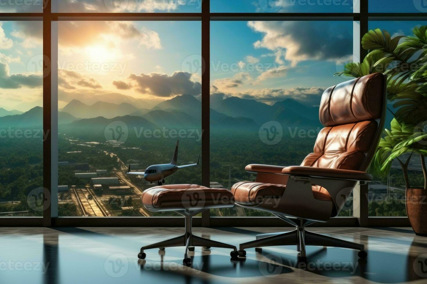 waiting room at the airport with the large window AI Generated photo