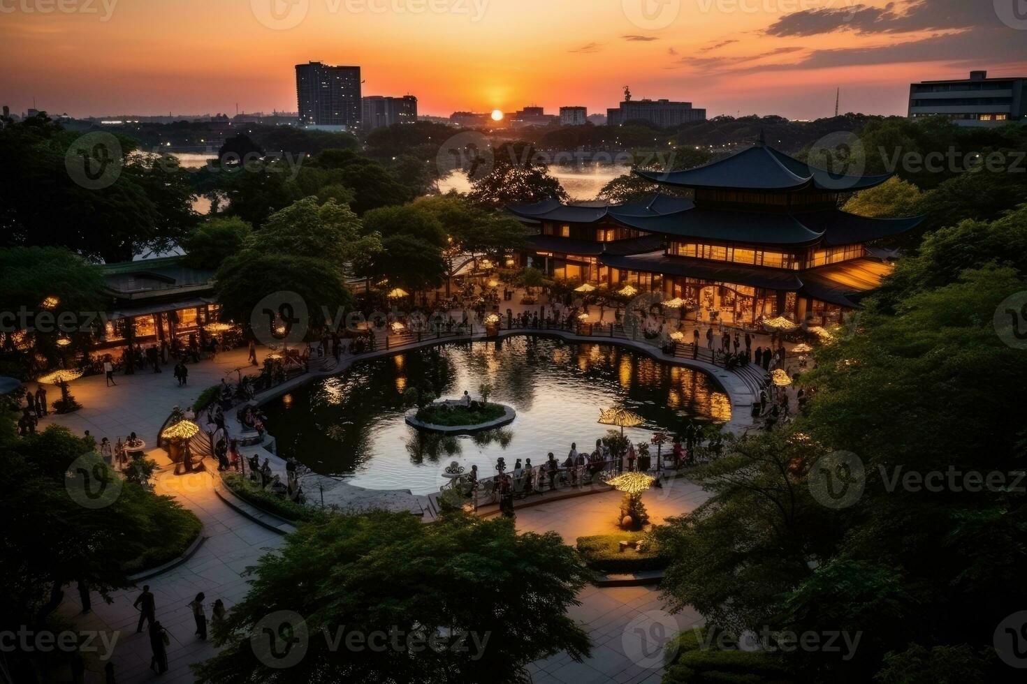 a park in a bustling city with wide open space flower fields AI Generated photo