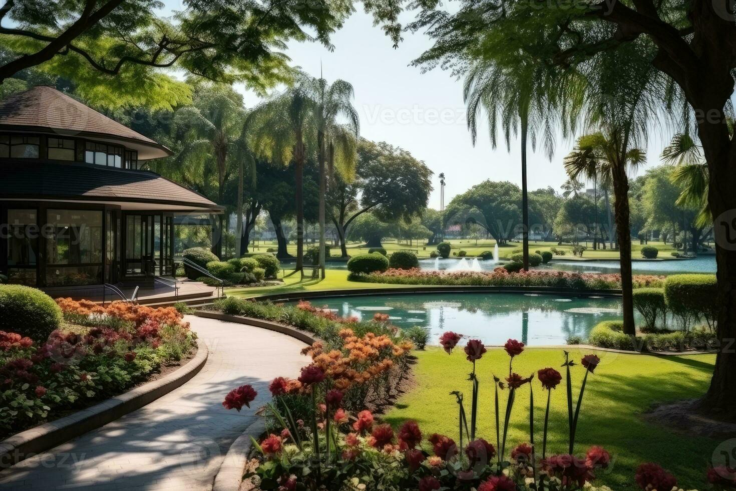 a park in a bustling city with wide open space flower fields AI Generated photo