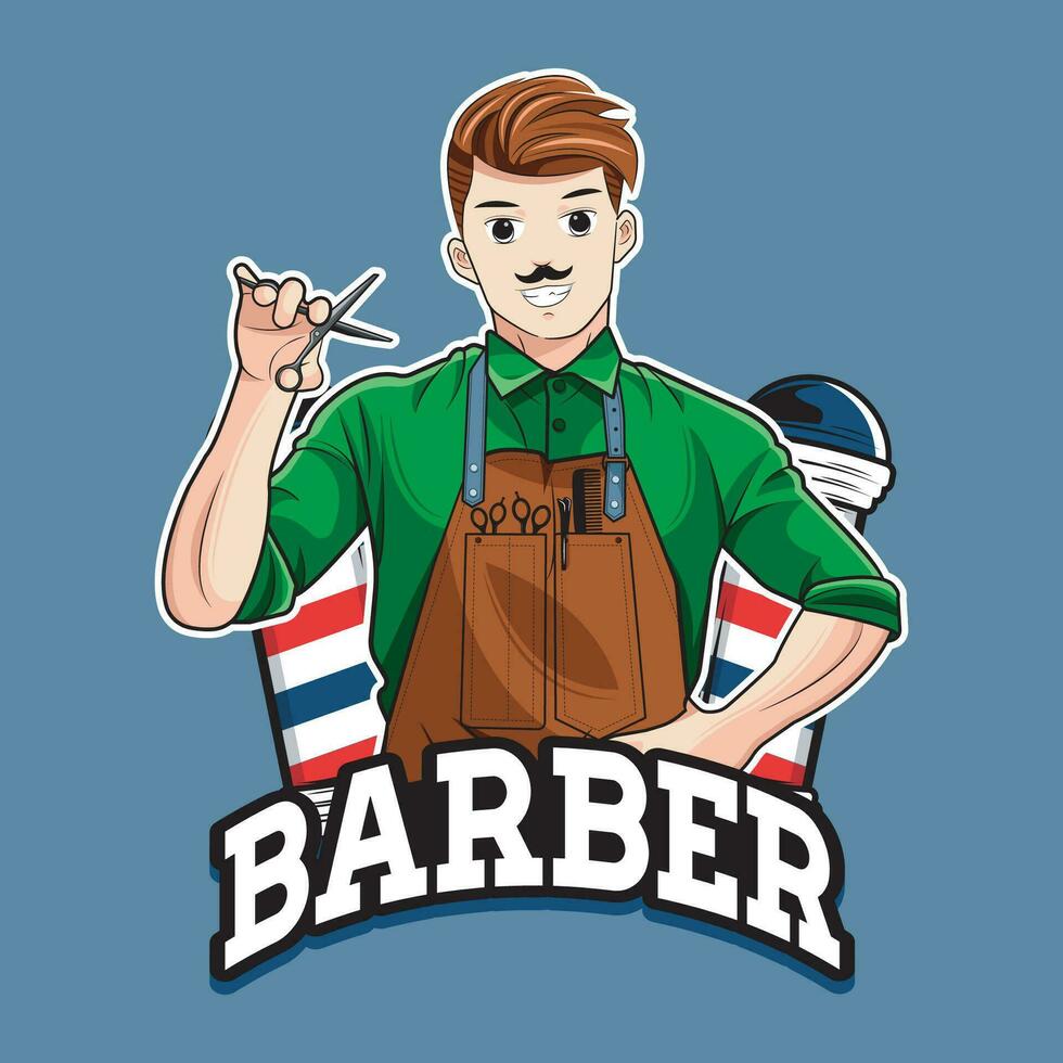 Cheerful barber with professional tools. Mascot character logo. Vector illustration