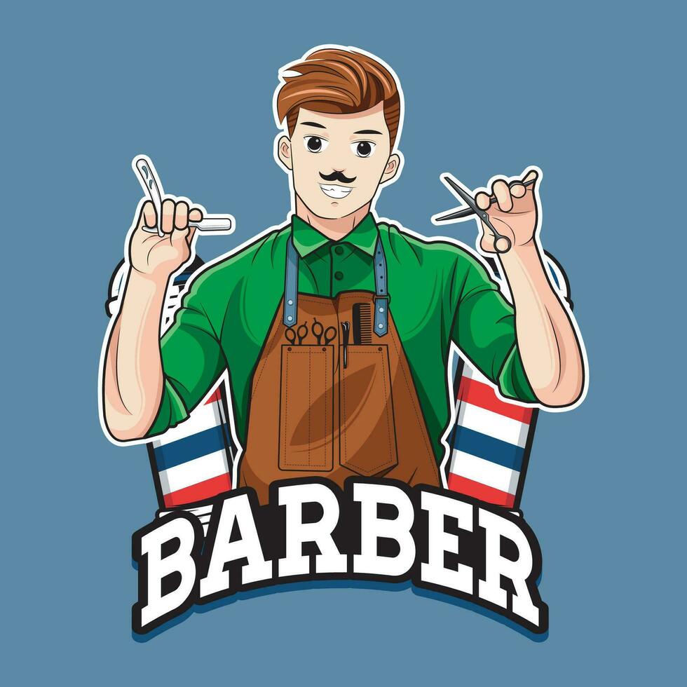 Smiling barber with professional tools. Mascot character logo. Vector illustration