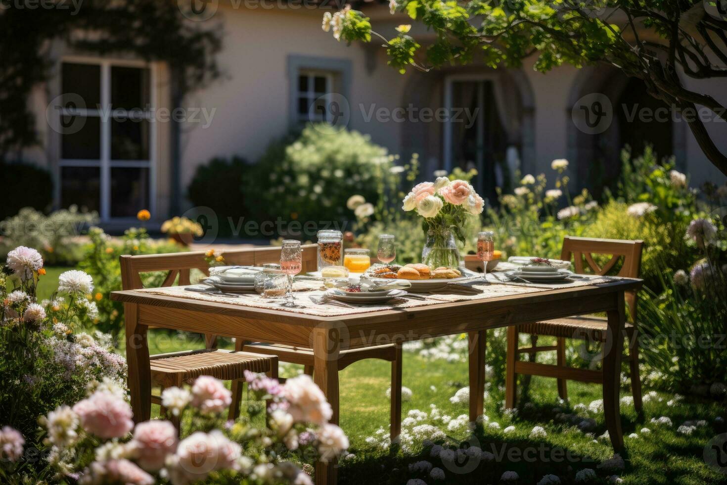 table set for a summer brunch in the garden AI Generated photo