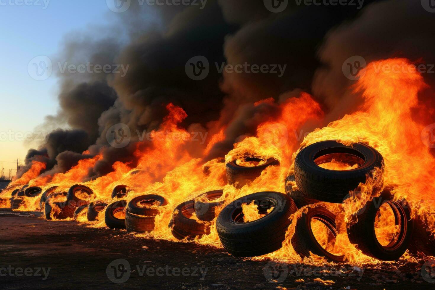 the condition of car tires burning on the road professional advertising photography AI Generative photo