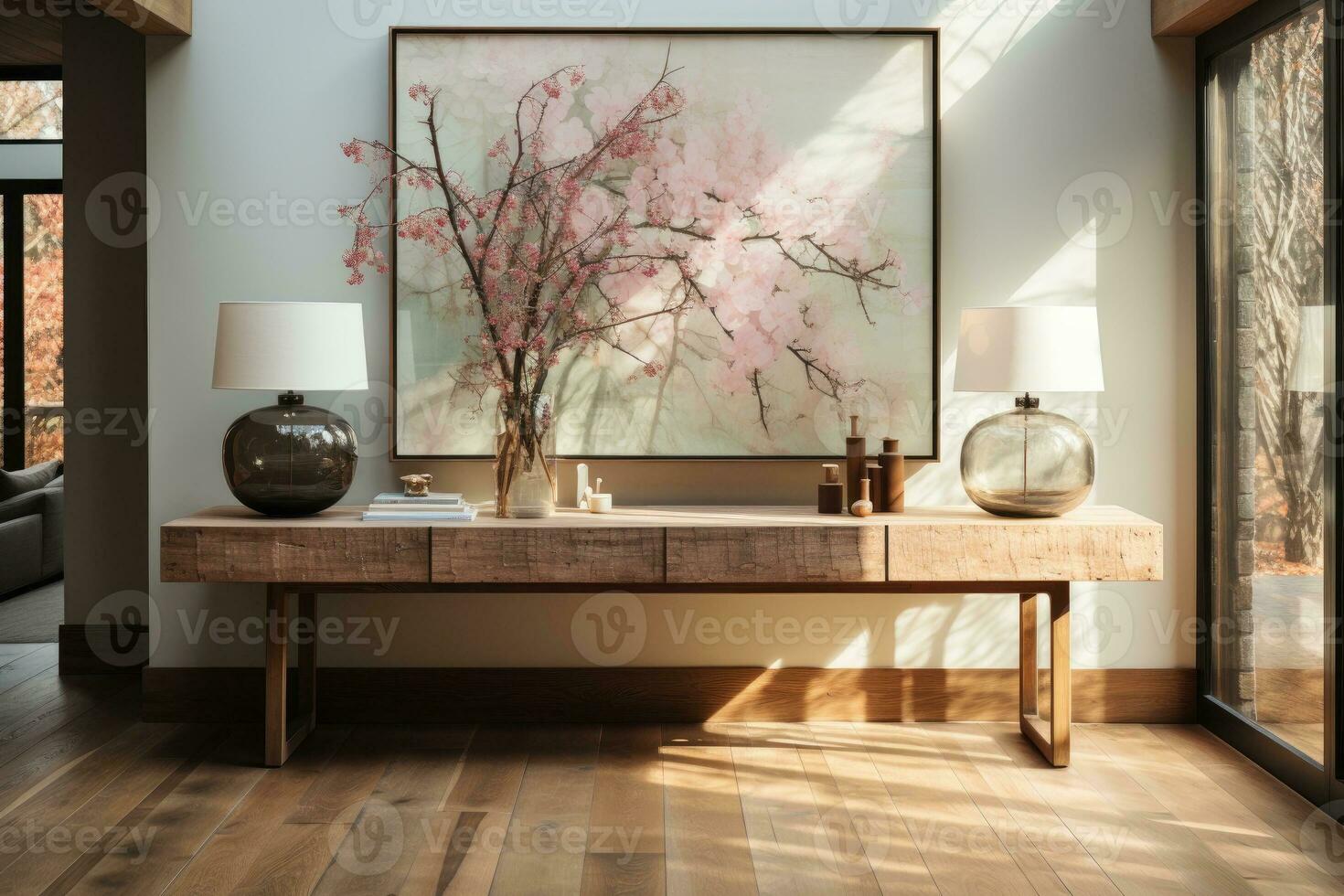 large artwork in center of entryway table AI Generated photo