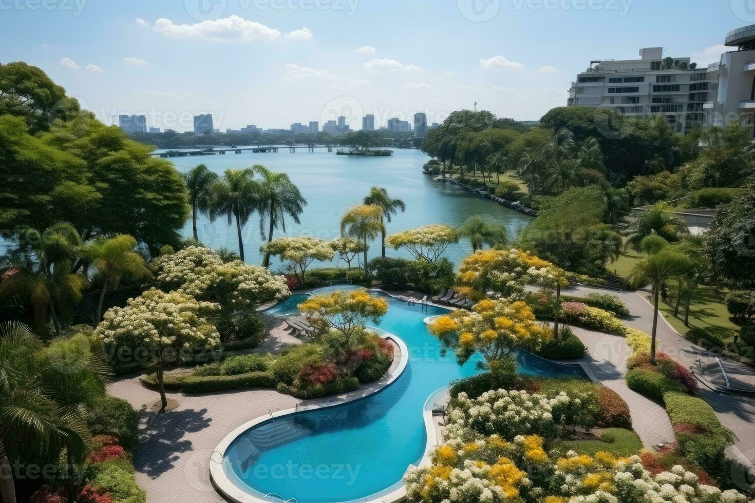 a park in a bustling city with wide open space flower fields AI Generated photo