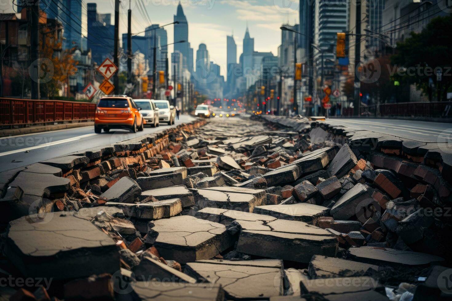 Earthquake in the city causes damage professional advertising photography AI Generative photo