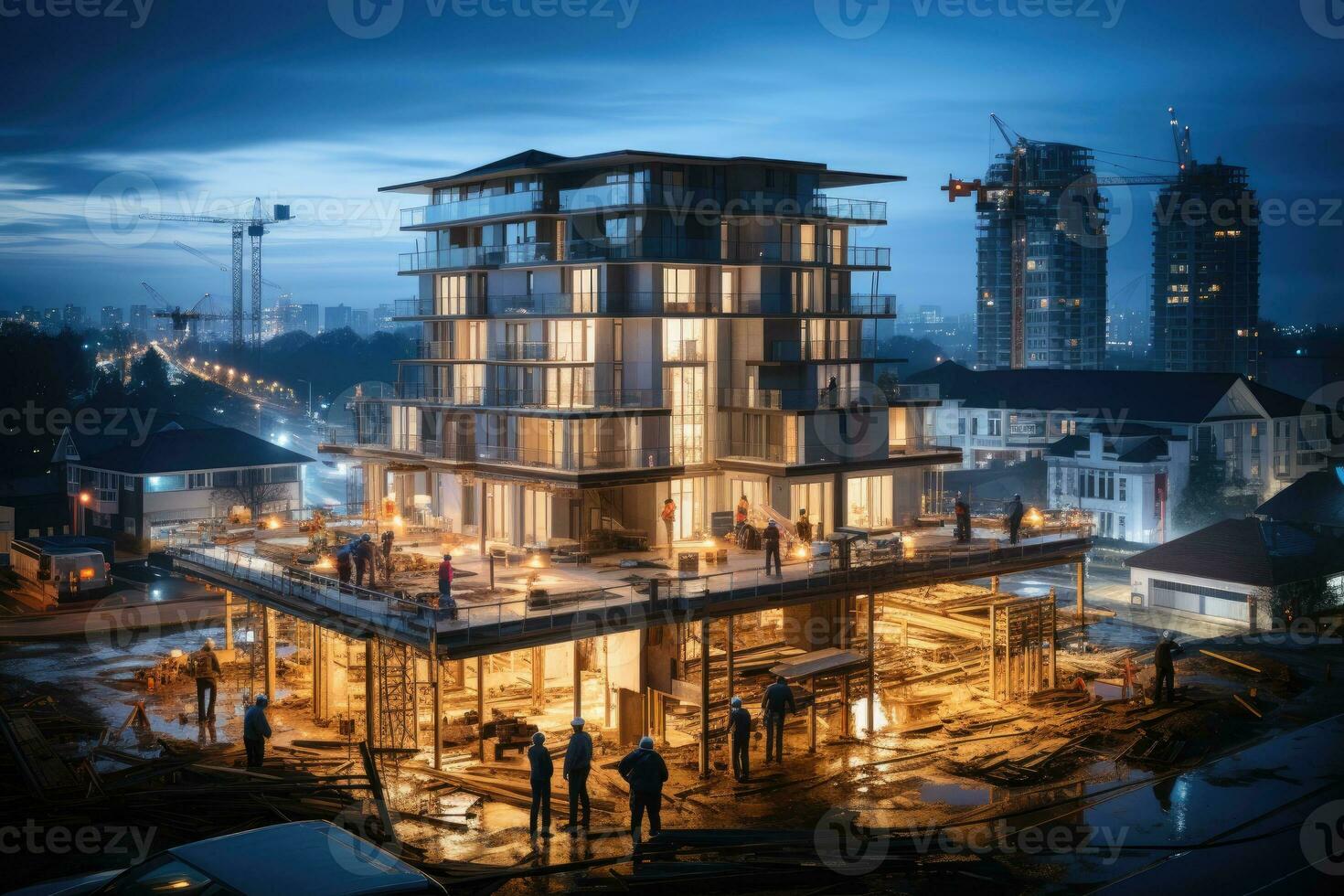 construction site situation during working time night view professional photography AI Generated photo
