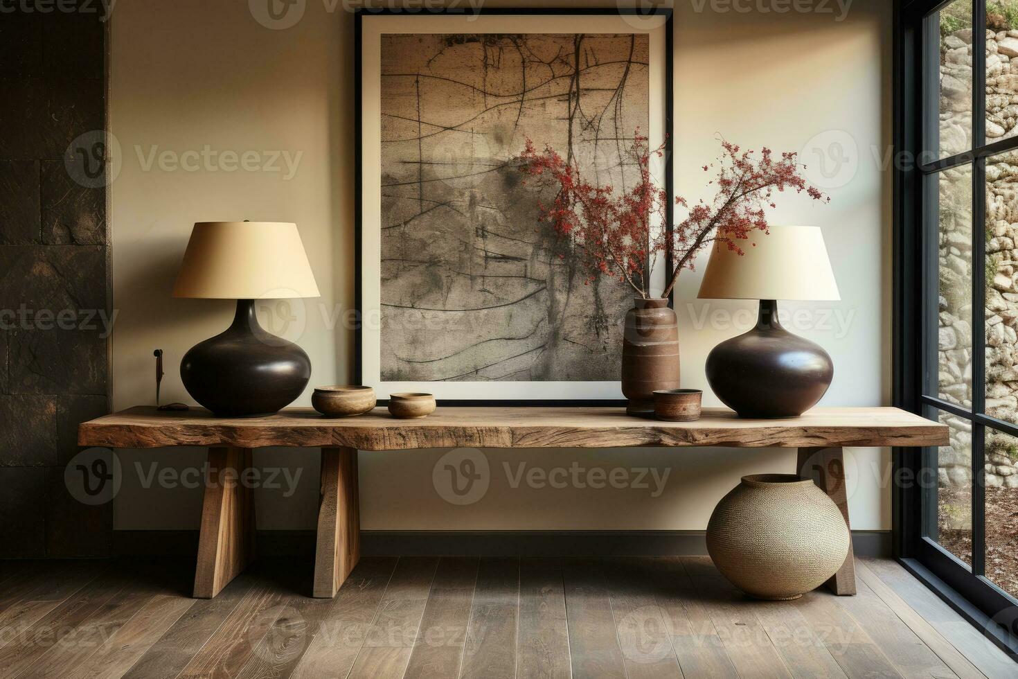 large artwork in center of entryway table AI Generated photo