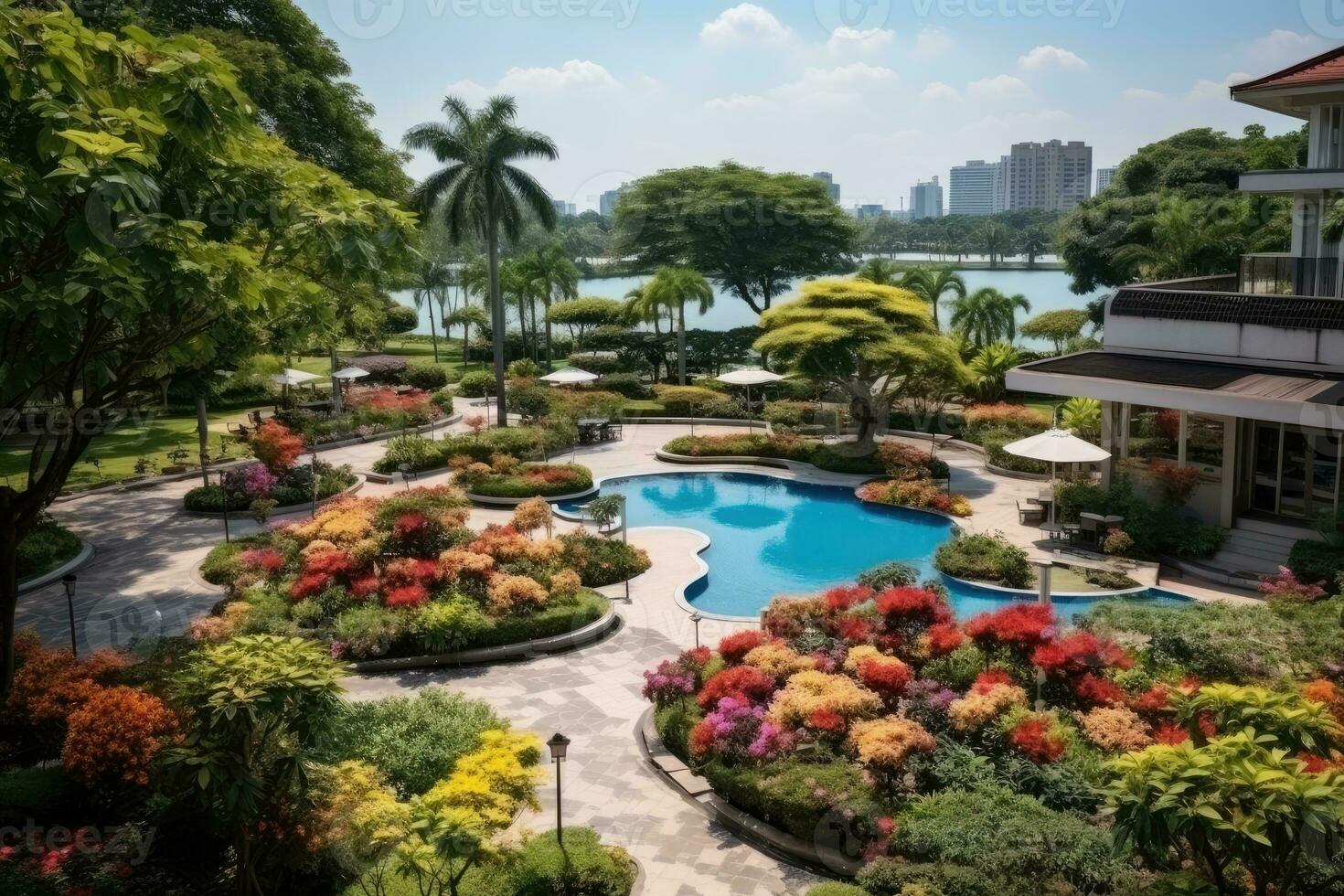 a park in a bustling city with wide open space flower fields AI Generated photo