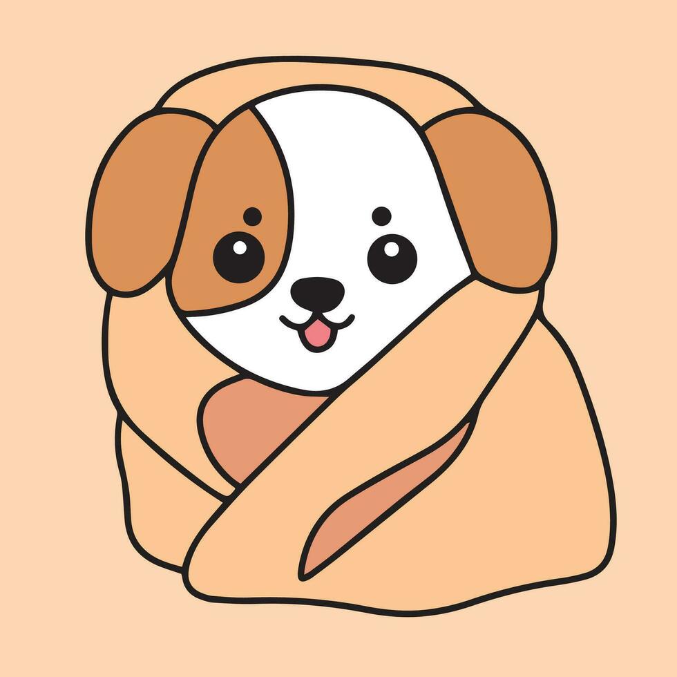 Cute little dog under blanket. Cozy puppy wrapped in blanked colored