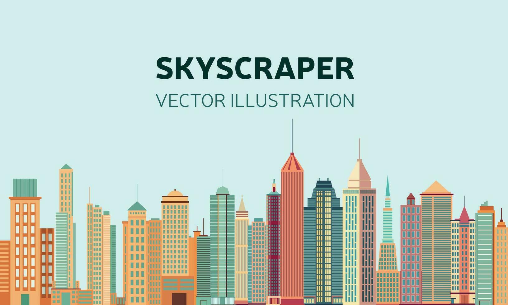 Skyscrapers background in flat style. Vector banner with office buildings. Hand drawn vector art.