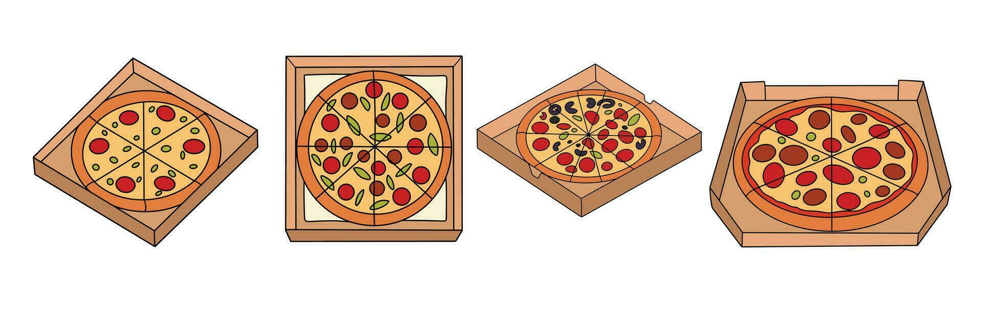 Set of pizza in box colored outline. Hand drawn pizza in doodle style. Hand drawn vector illustration.