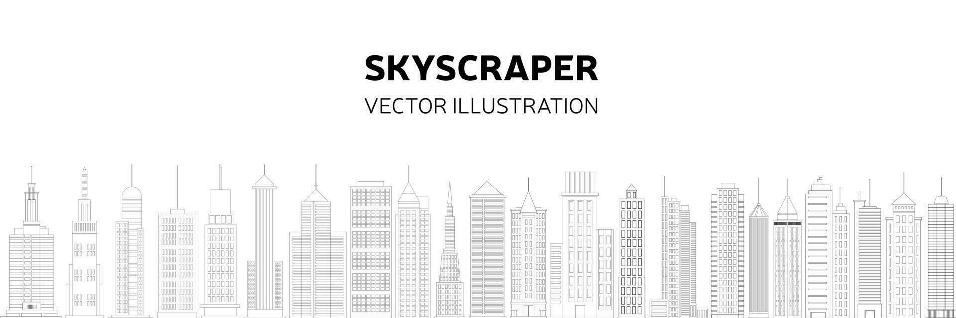 Doodle city long background. Outline skyscrapers background. Hand drawn vector illustration.