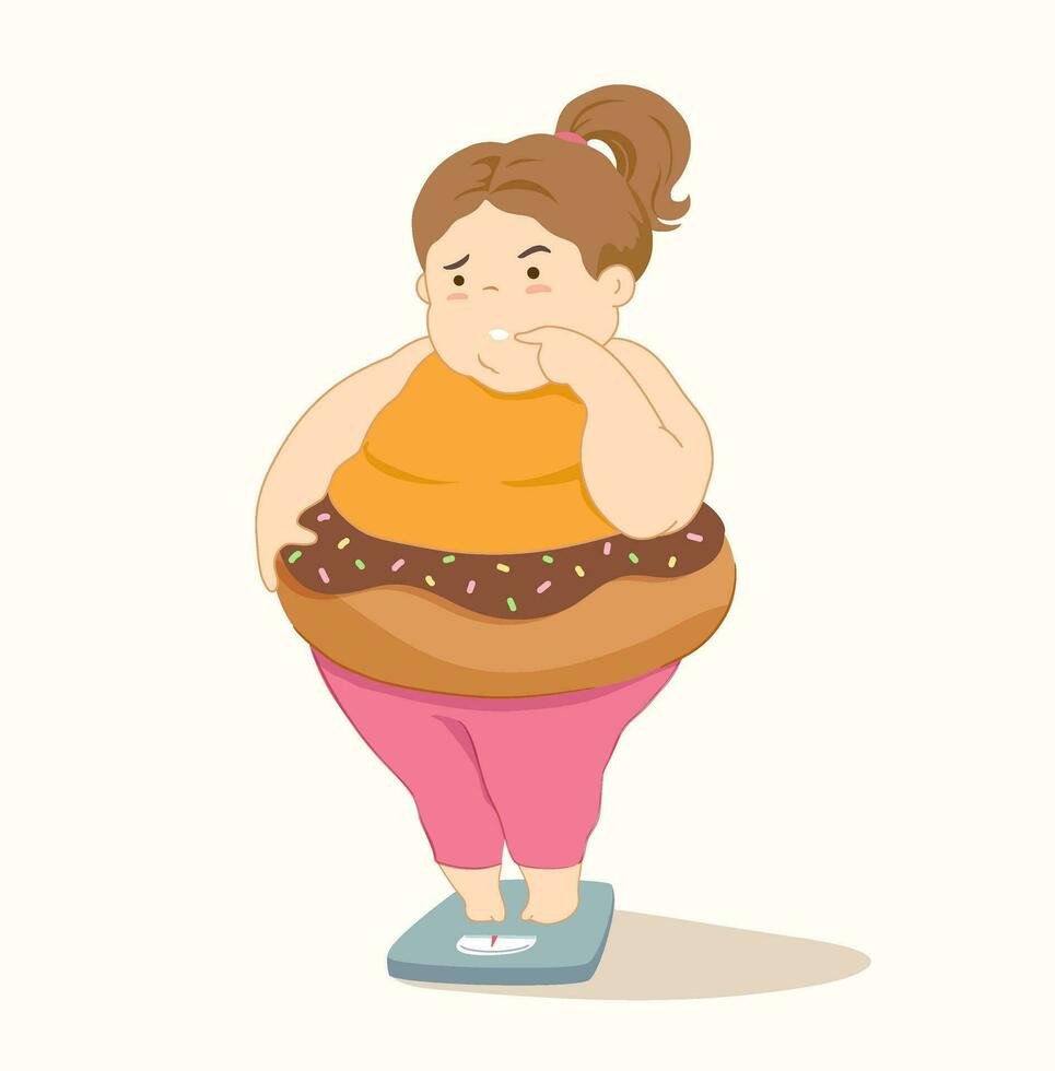 vector hand drawn about Fat woman worried about weight gain