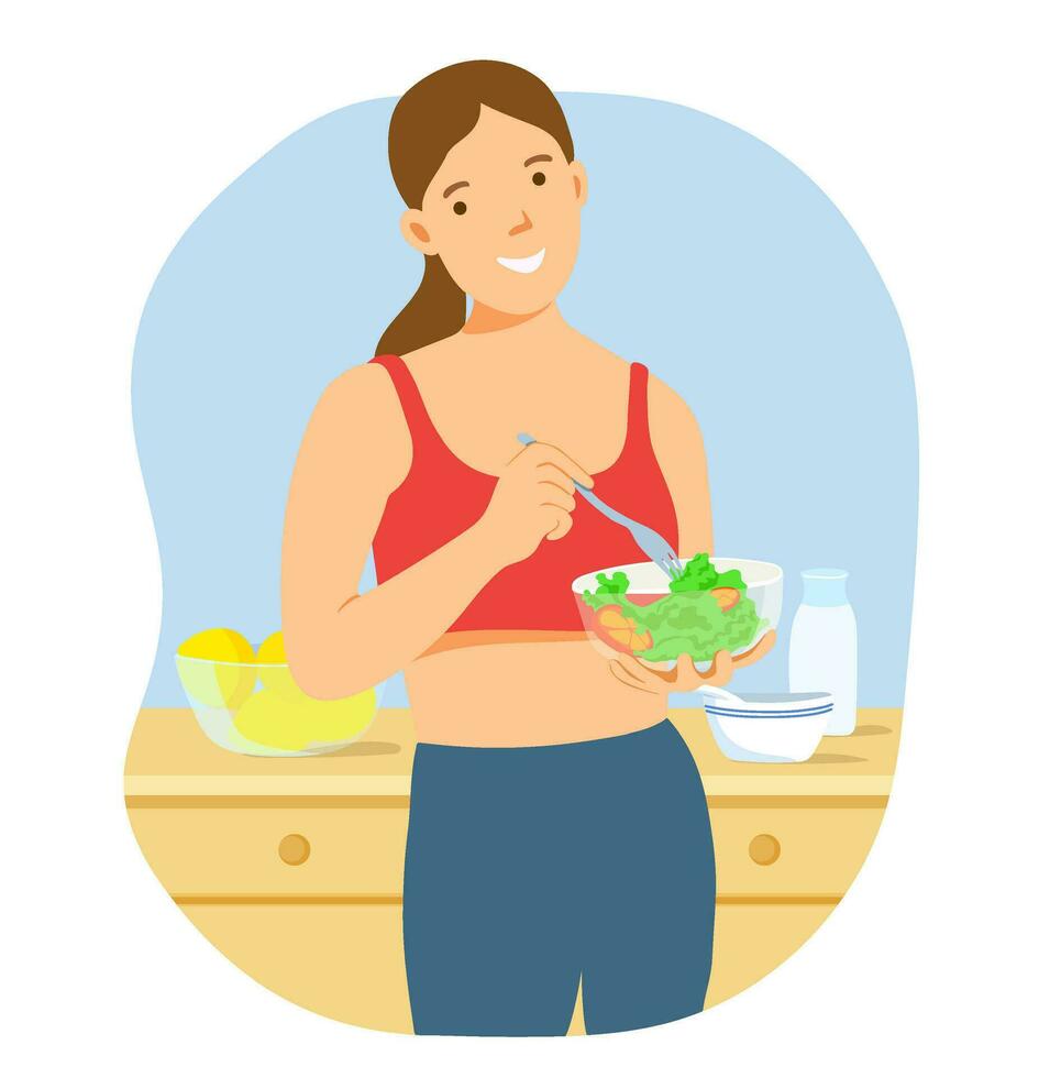 Portrait attractive woman hold salad bowl. Beautiful sport girl in sportswear enjoy eat clean vegetables after exercise for health. vector