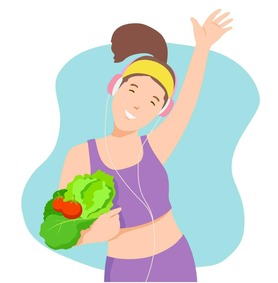 Positive sportswoman dances carefree keeps arm raised up listens music via headphones dressed in spotswear carries vegetables moves against blue background vector