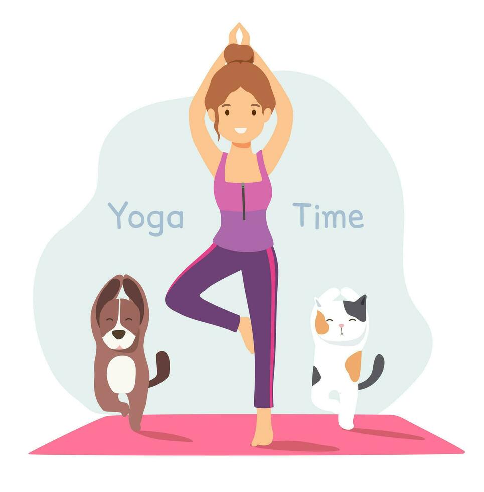 Vector cartoon doodle of woman doing yoga with her cat and dog.