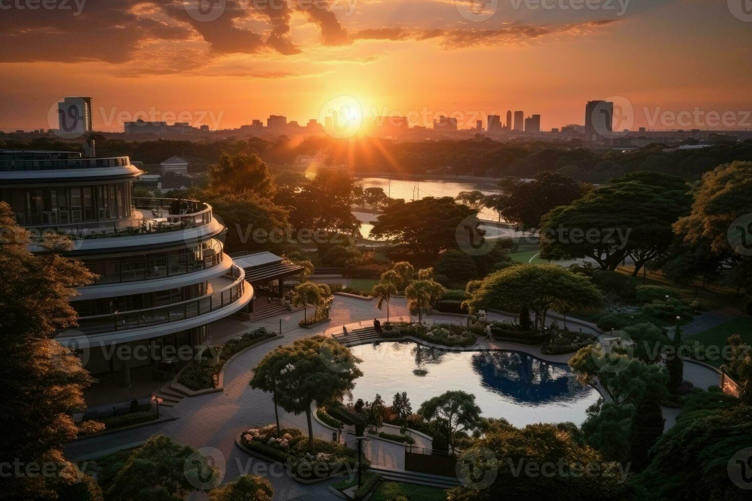 a park in a bustling city with wide open space flower fields AI Generated photo
