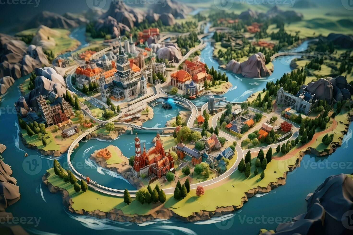 overview map of a theme park in isometric style AI Generated photo