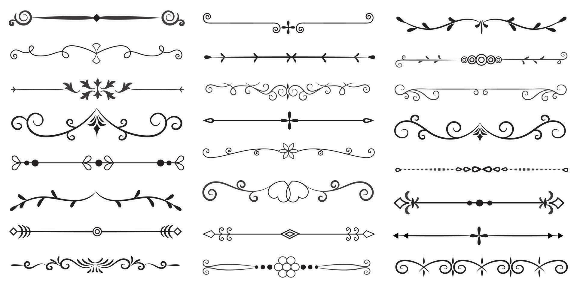 Page Divider And Design Elements. Set of Various Simple Black Divider Design, Assorted Divider Collection Template Vector. Collection of floral dividers elements mega decoration for Calligraphy. vector